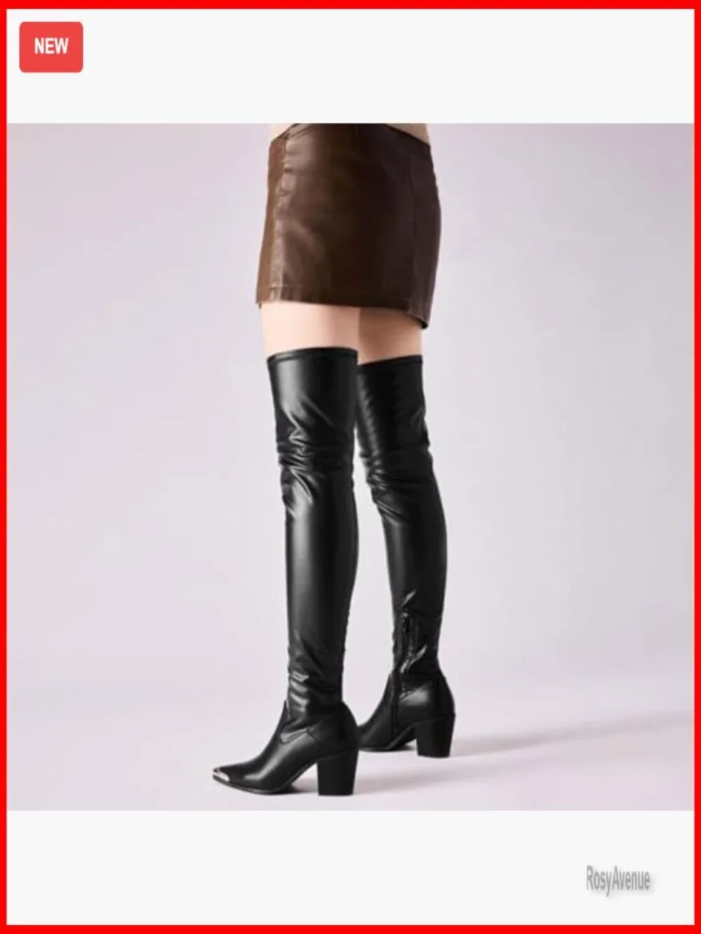 Thigh High Boots PU Leather Chunky Heel Pointed Toe Side Zipper